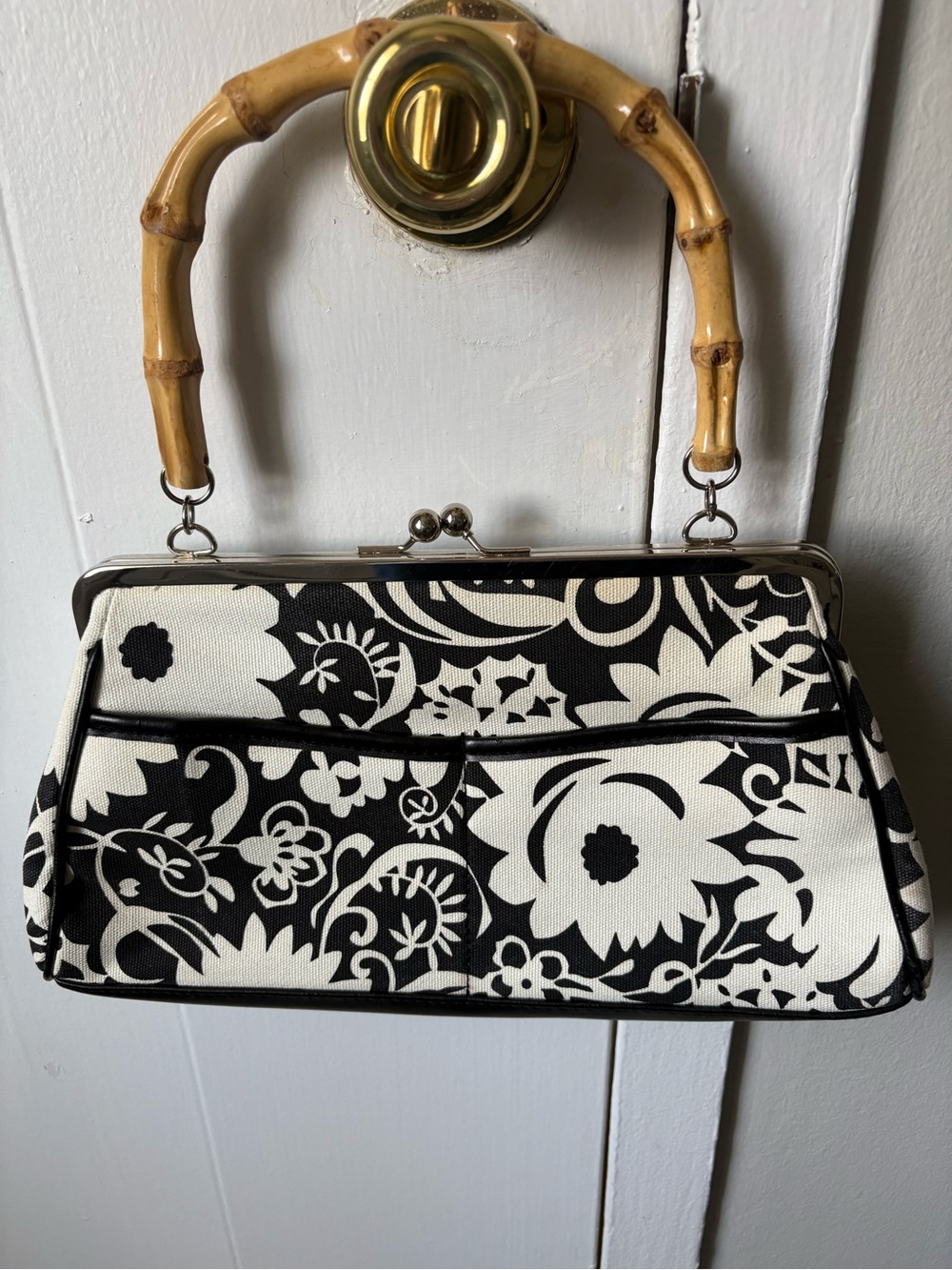 White House Black Market Black and White Canvas Floral Purse Bag - Preused